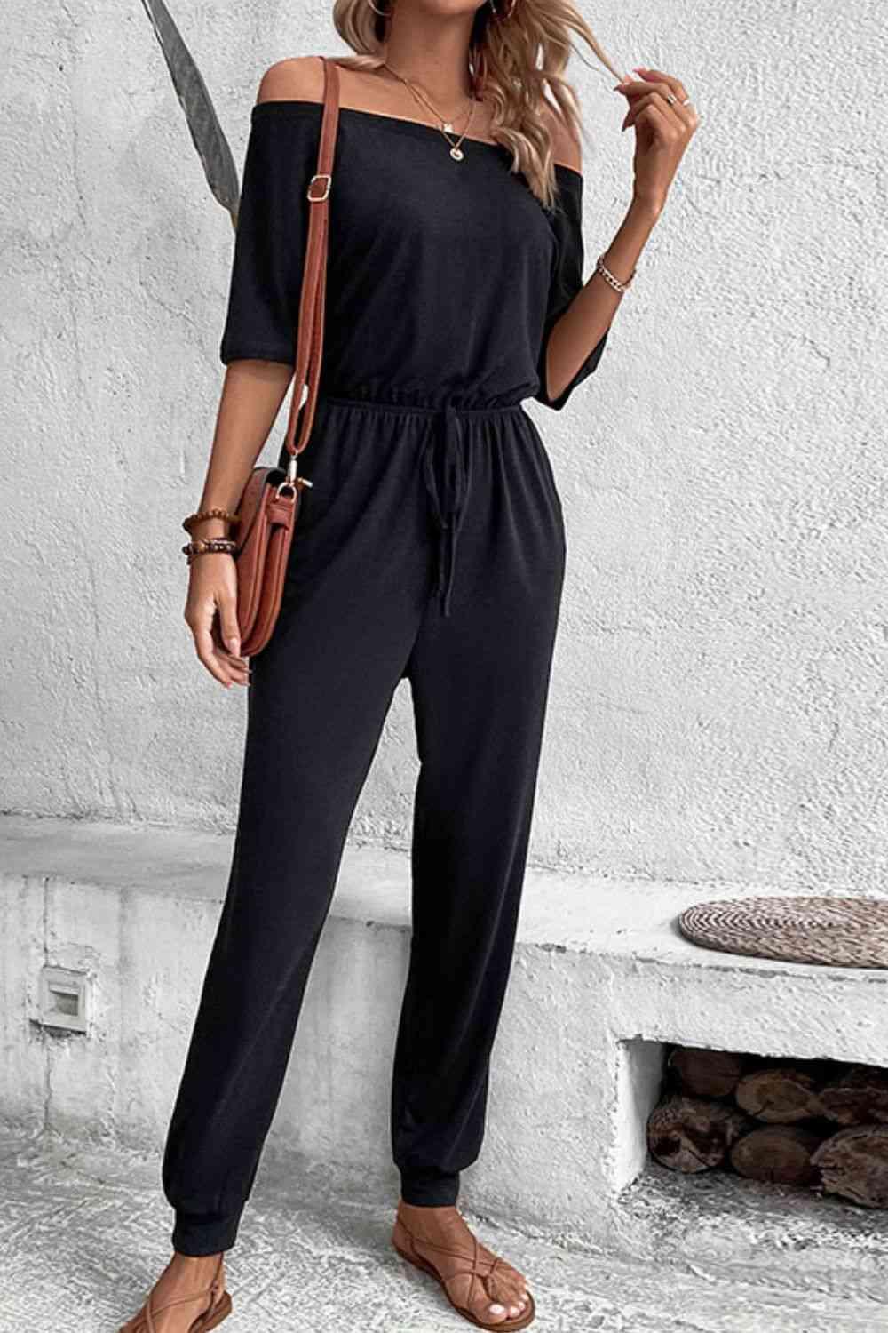 LGC Off-Shoulder Jumpsuit with Pockets - Le Grand Chevalier Le Grand Chevalier Trendsi Rompers