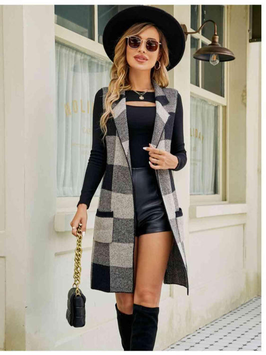 LGC Plaid Lapel Collar Sleeveless Cardigan - Le Grand Chevalier Le Grand Chevalier Trendsi Cardigans