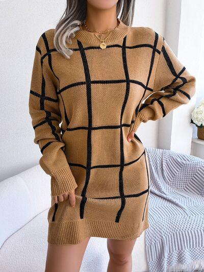 LGC Plaid Round Neck Dropped Shoulder Sweater Dress - Le Grand Chevalier Le Grand Chevalier Trendsi Dresses