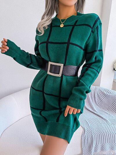 LGC Plaid Round Neck Dropped Shoulder Sweater Dress - Le Grand Chevalier Le Grand Chevalier Trendsi Dresses