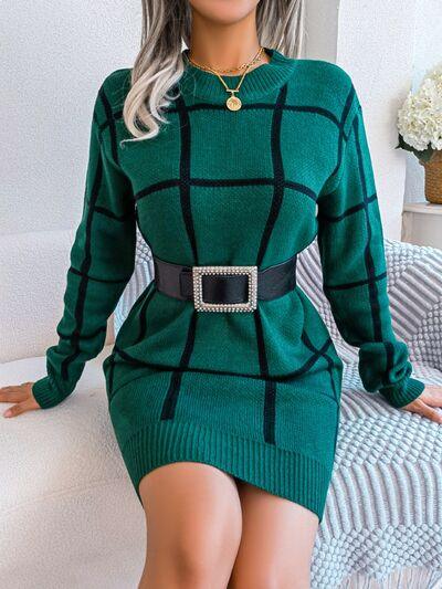 LGC Plaid Round Neck Dropped Shoulder Sweater Dress - Le Grand Chevalier Le Grand Chevalier Trendsi Dresses