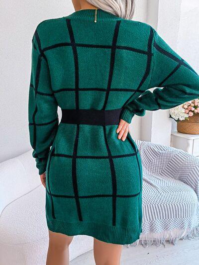 LGC Plaid Round Neck Dropped Shoulder Sweater Dress - Le Grand Chevalier Le Grand Chevalier Trendsi Dresses