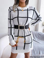 LGC Plaid Round Neck Dropped Shoulder Sweater Dress - Le Grand Chevalier Le Grand Chevalier White / S Trendsi Dresses