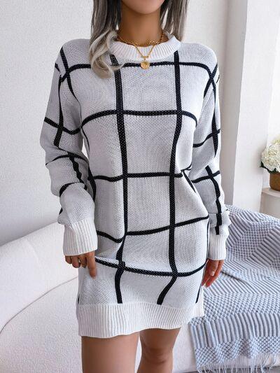 LGC Plaid Round Neck Dropped Shoulder Sweater Dress - Le Grand Chevalier Le Grand Chevalier Trendsi Dresses