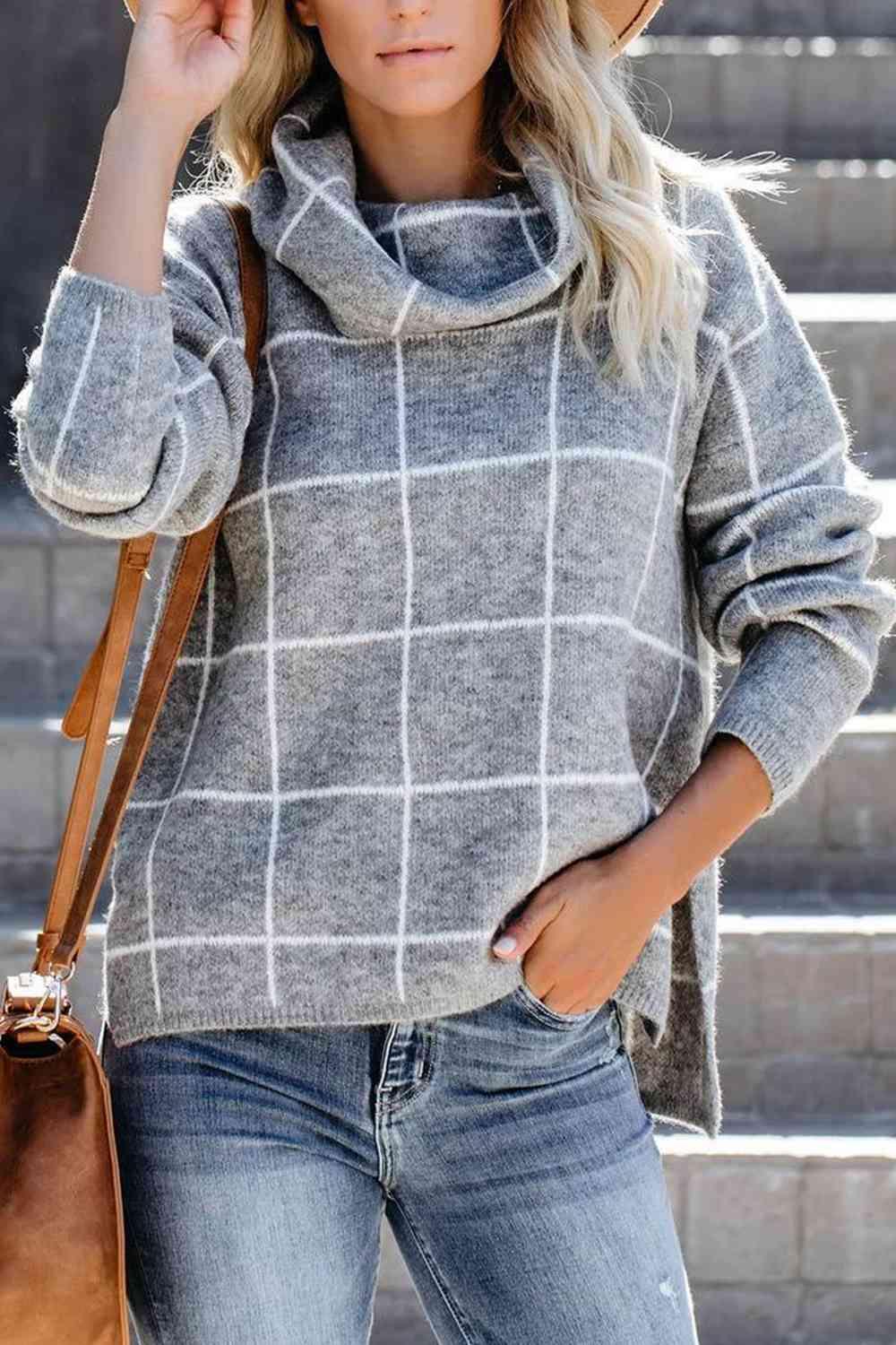 LGC Plaid Turtleneck Drop Shoulder Sweater - Le Grand Chevalier Le Grand Chevalier Charcoal / S Trendsi Women sweaters