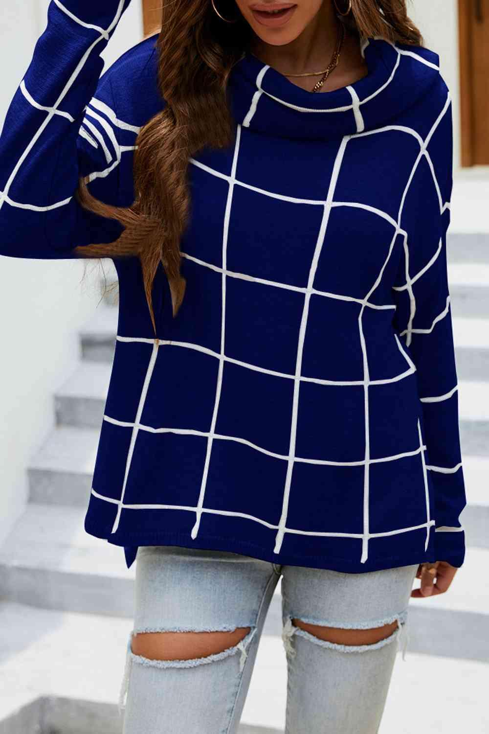 LGC Plaid Turtleneck Drop Shoulder Sweater - Le Grand Chevalier Le Grand Chevalier Navy / S Trendsi Women sweaters