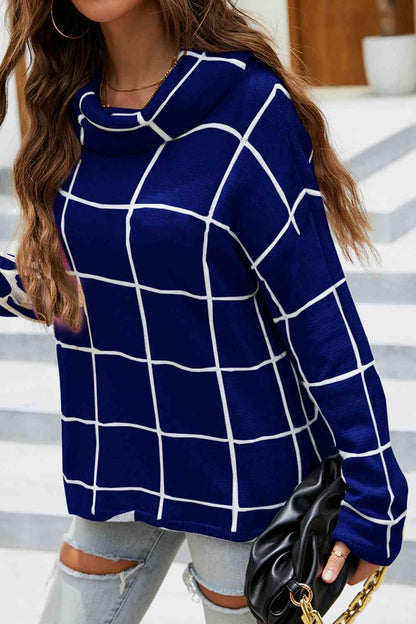 LGC Plaid Turtleneck Drop Shoulder Sweater - Le Grand Chevalier Le Grand Chevalier Trendsi Women sweaters