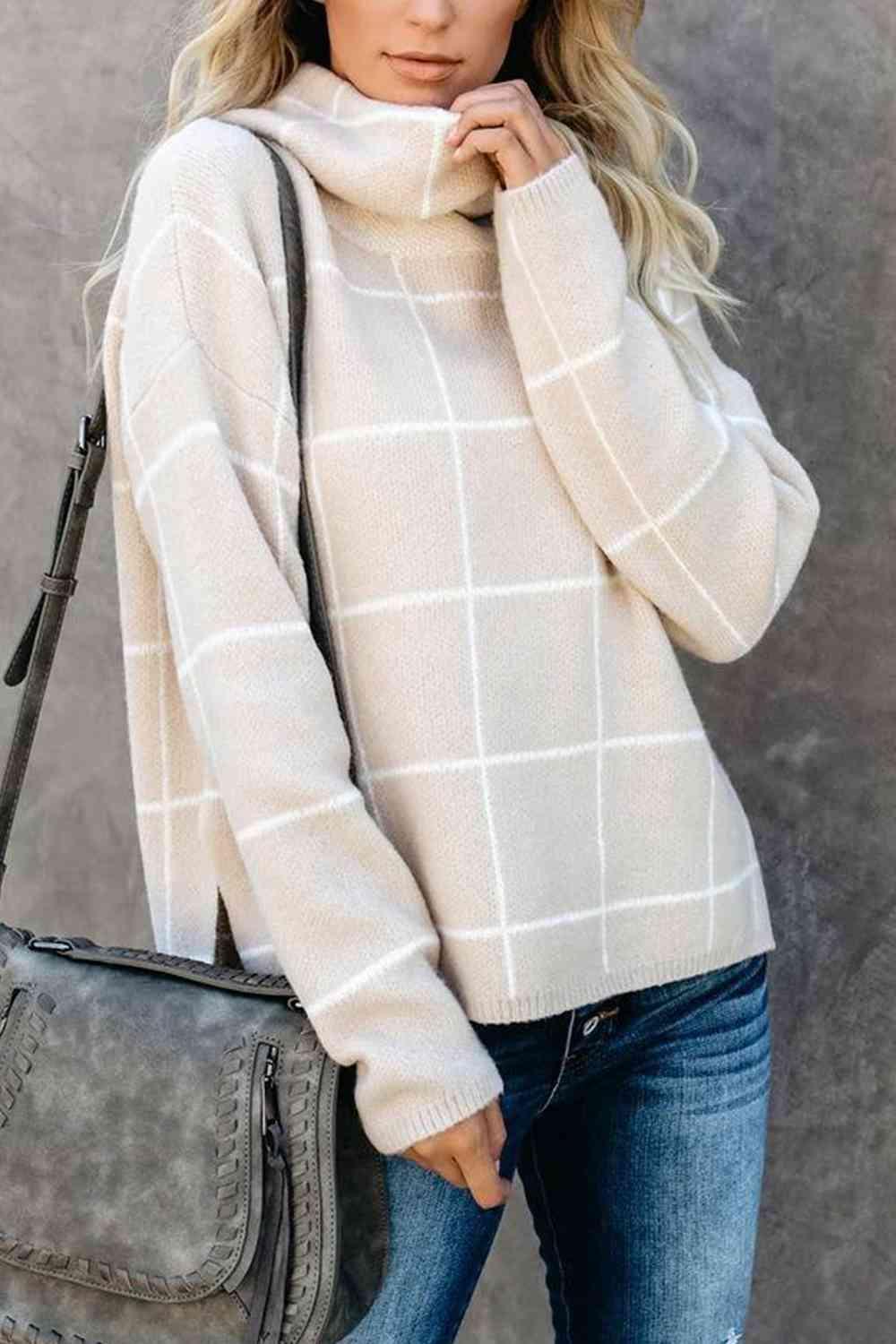 LGC Plaid Turtleneck Drop Shoulder Sweater - Le Grand Chevalier Le Grand Chevalier Beige / S Trendsi Women sweaters