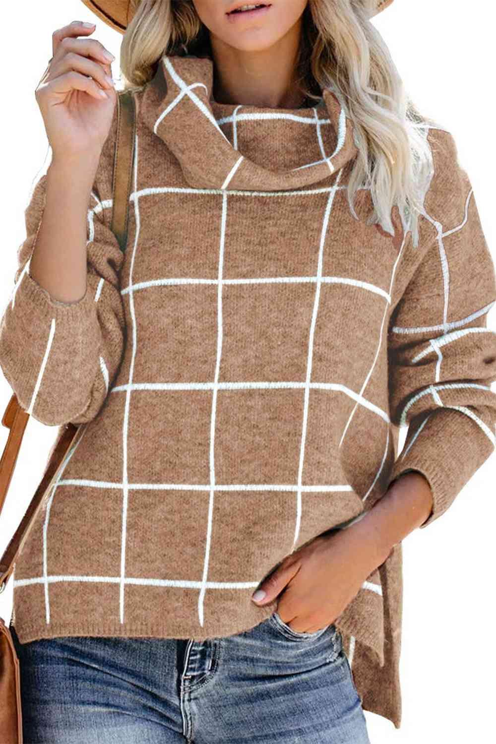 LGC Plaid Turtleneck Drop Shoulder Sweater - Le Grand Chevalier Le Grand Chevalier Trendsi Women sweaters