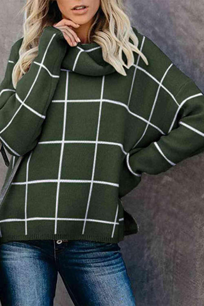 LGC Plaid Turtleneck Drop Shoulder Sweater - Le Grand Chevalier Le Grand Chevalier Trendsi Women sweaters