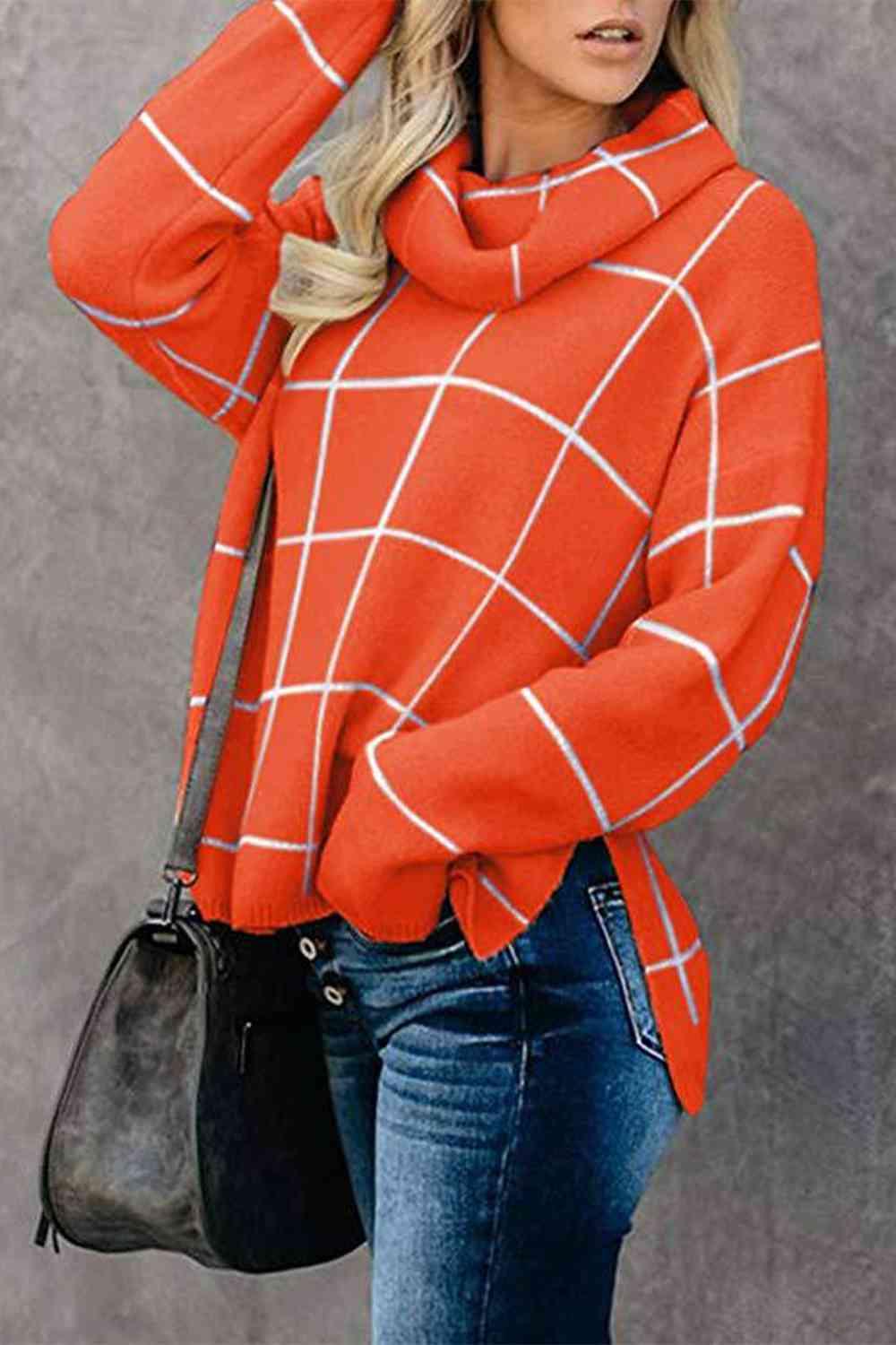 LGC Plaid Turtleneck Drop Shoulder Sweater - Le Grand Chevalier Le Grand Chevalier Trendsi Women sweaters