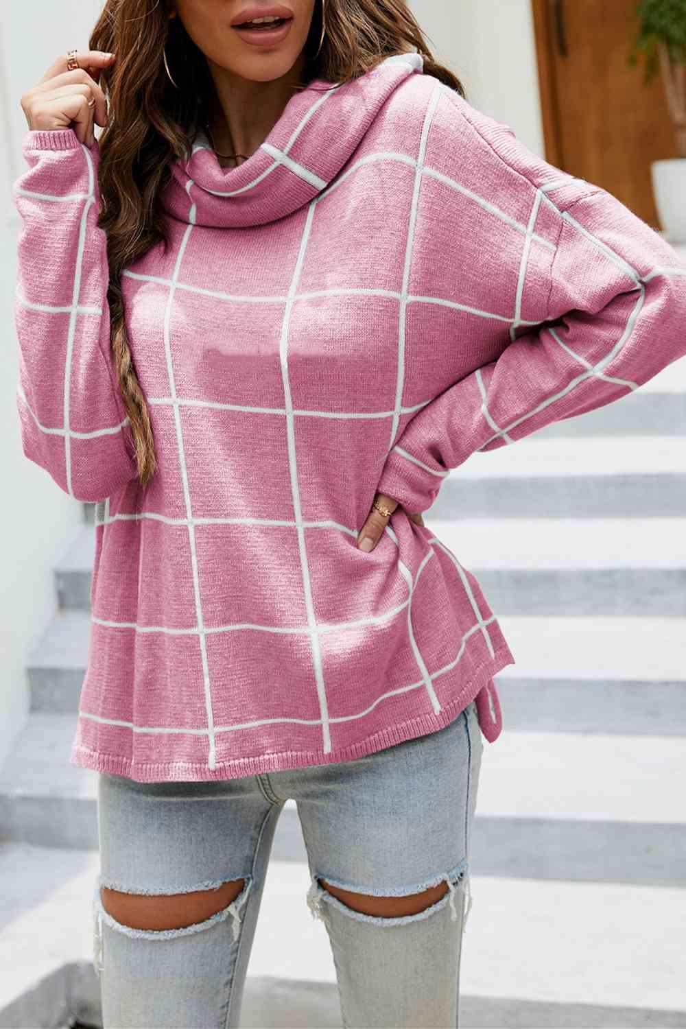 LGC Plaid Turtleneck Drop Shoulder Sweater - Le Grand Chevalier Le Grand Chevalier Dusty Pink / S Trendsi Women sweaters