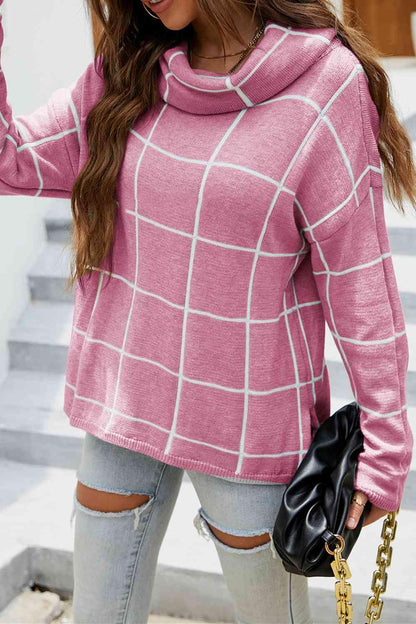 LGC Plaid Turtleneck Drop Shoulder Sweater - Le Grand Chevalier Le Grand Chevalier Trendsi Women sweaters