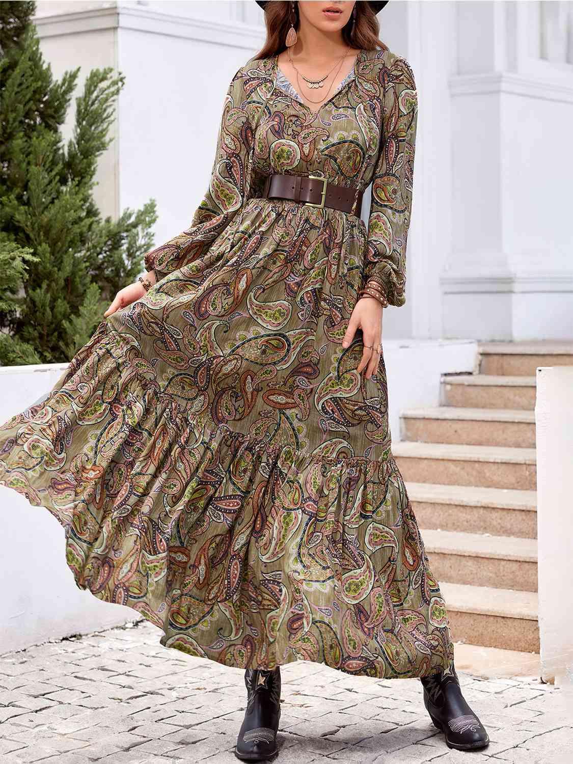 LGC Printed Tie Neck Ruffle Hem Long Sleeve Dress - Le Grand Chevalier Le Grand Chevalier Multicolor / S Trendsi Dresses