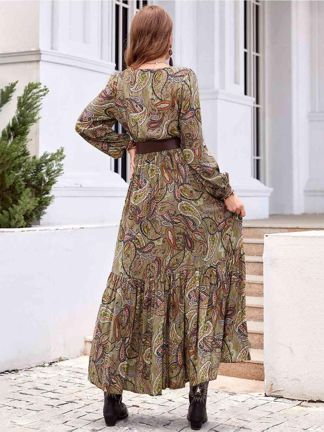 LGC Printed Tie Neck Ruffle Hem Long Sleeve Dress - Le Grand Chevalier Le Grand Chevalier Trendsi Dresses