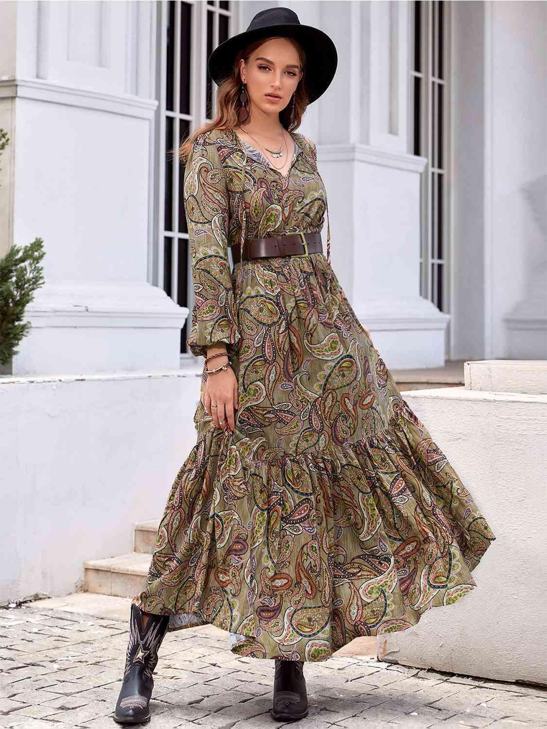 LGC Printed Tie Neck Ruffle Hem Long Sleeve Dress - Le Grand Chevalier Le Grand Chevalier Trendsi Dresses