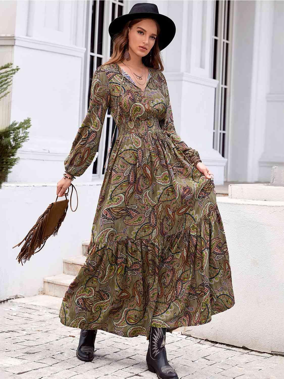 LGC Printed Tie Neck Ruffle Hem Long Sleeve Dress - Le Grand Chevalier Le Grand Chevalier Trendsi Dresses