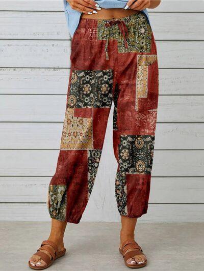 LGC Printed Tied Cropped Pants - Le Grand Chevalier Le Grand Chevalier Brick Red / S Trendsi Women Pants