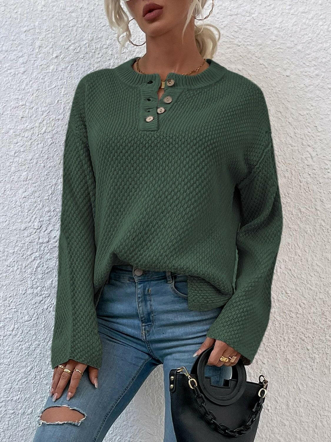 LGC Quarter-Button Slit Sweater - Le Grand Chevalier Le Grand Chevalier Army Green / S Trendsi Women sweaters