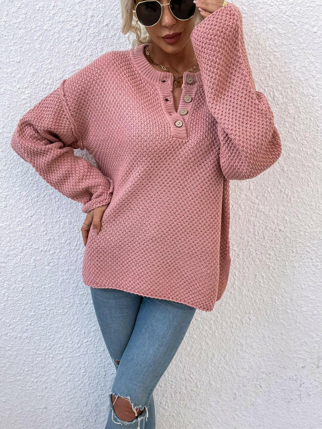 LGC Quarter-Button Slit Sweater - Le Grand Chevalier Le Grand Chevalier Dusty Pink / S Trendsi Women sweaters