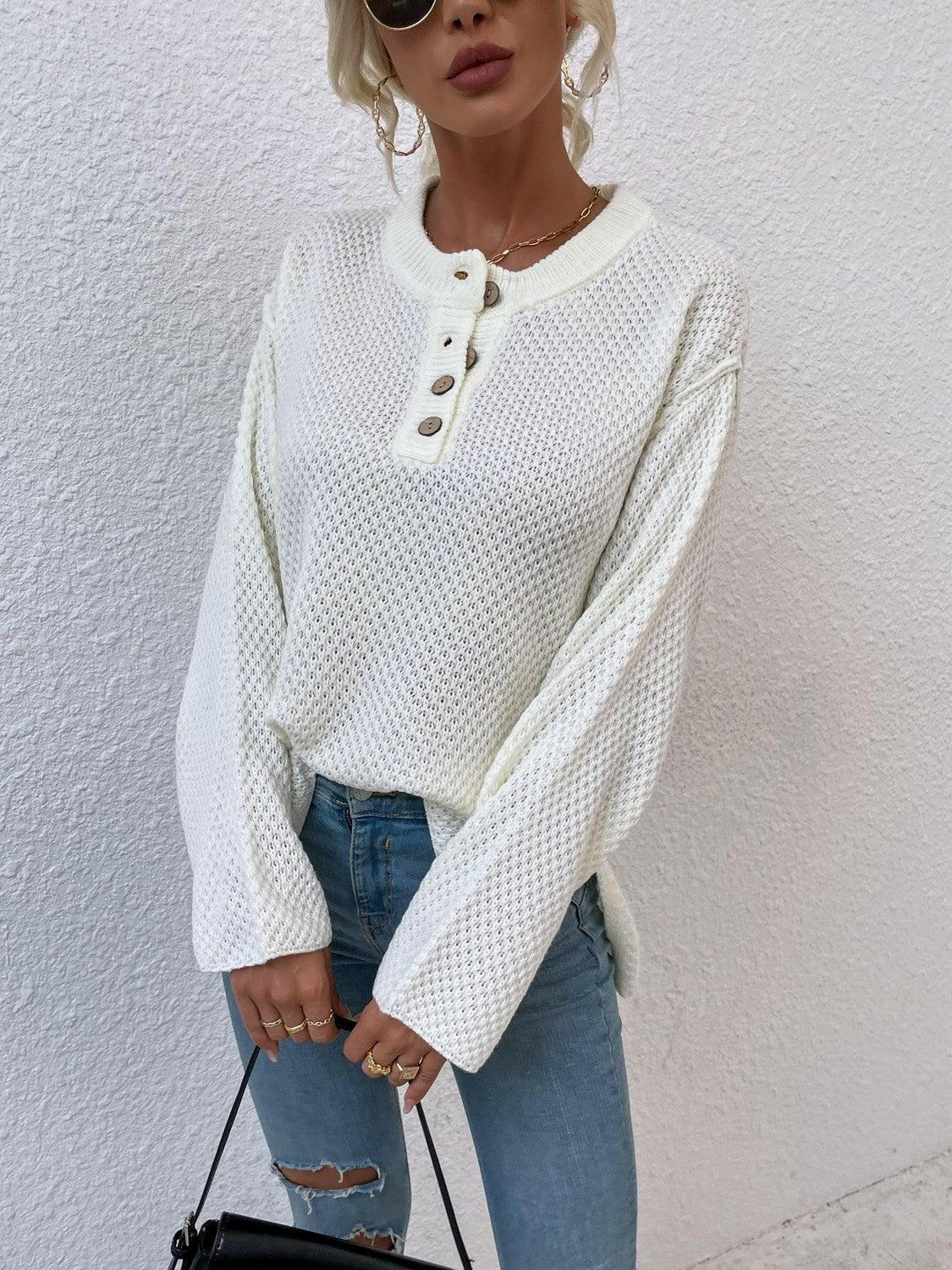 LGC Quarter-Button Slit Sweater - Le Grand Chevalier Le Grand Chevalier White / S Trendsi Women sweaters