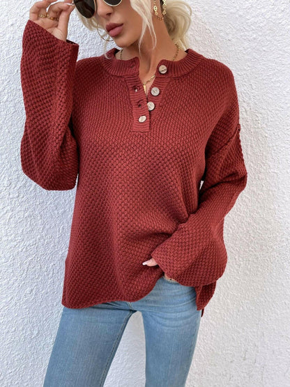 LGC Quarter-Button Slit Sweater - Le Grand Chevalier Le Grand Chevalier Deep Red / S Trendsi Women sweaters