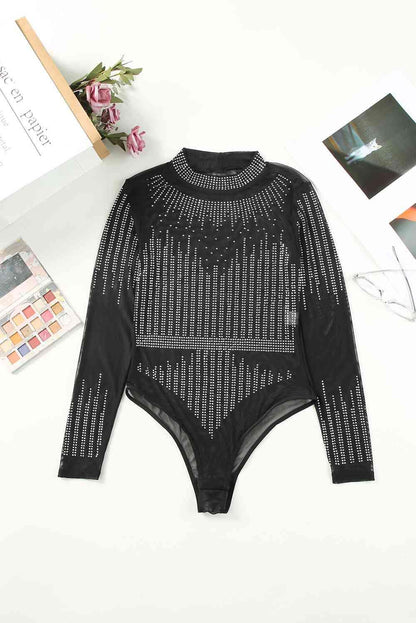 LGC Rhinestone Round Neck Long Sleeve Bodysuit - Le Grand Chevalier Le Grand Chevalier Trendsi Bodysuit