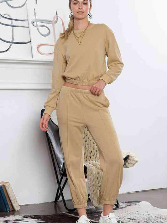 LGC Round Neck Long Sleeve Cropped Top and Pants Set - Le Grand Chevalier Le Grand Chevalier Beige / S Trendsi Women Set