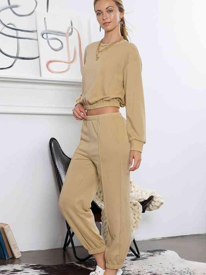 LGC Round Neck Long Sleeve Cropped Top and Pants Set - Le Grand Chevalier Le Grand Chevalier Trendsi Women Set