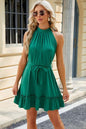 LGC Ruched Grecian Neck Tie Waist Mini Dress - Le Grand Chevalier Le Grand Chevalier Green / S Trendsi Dresses