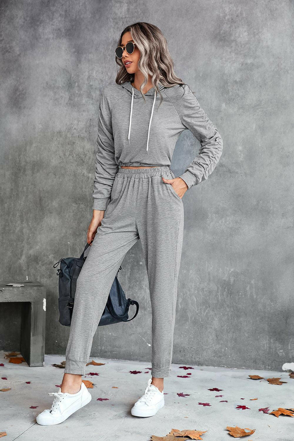 LGC Ruched Raglan Sleeve Hoodie and Joggers Set - Le Grand Chevalier Le Grand Chevalier Black / S Trendsi Women Set