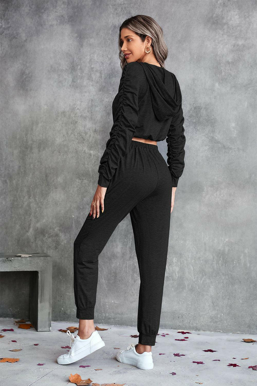 LGC Ruched Raglan Sleeve Hoodie and Joggers Set - Le Grand Chevalier Le Grand Chevalier Trendsi Women Set