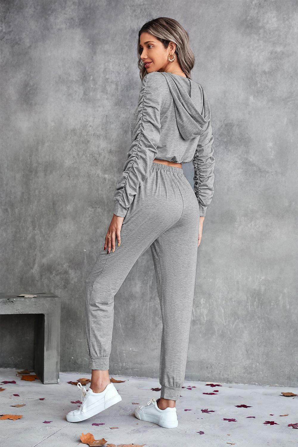 LGC Ruched Raglan Sleeve Hoodie and Joggers Set - Le Grand Chevalier Le Grand Chevalier Trendsi Women Set