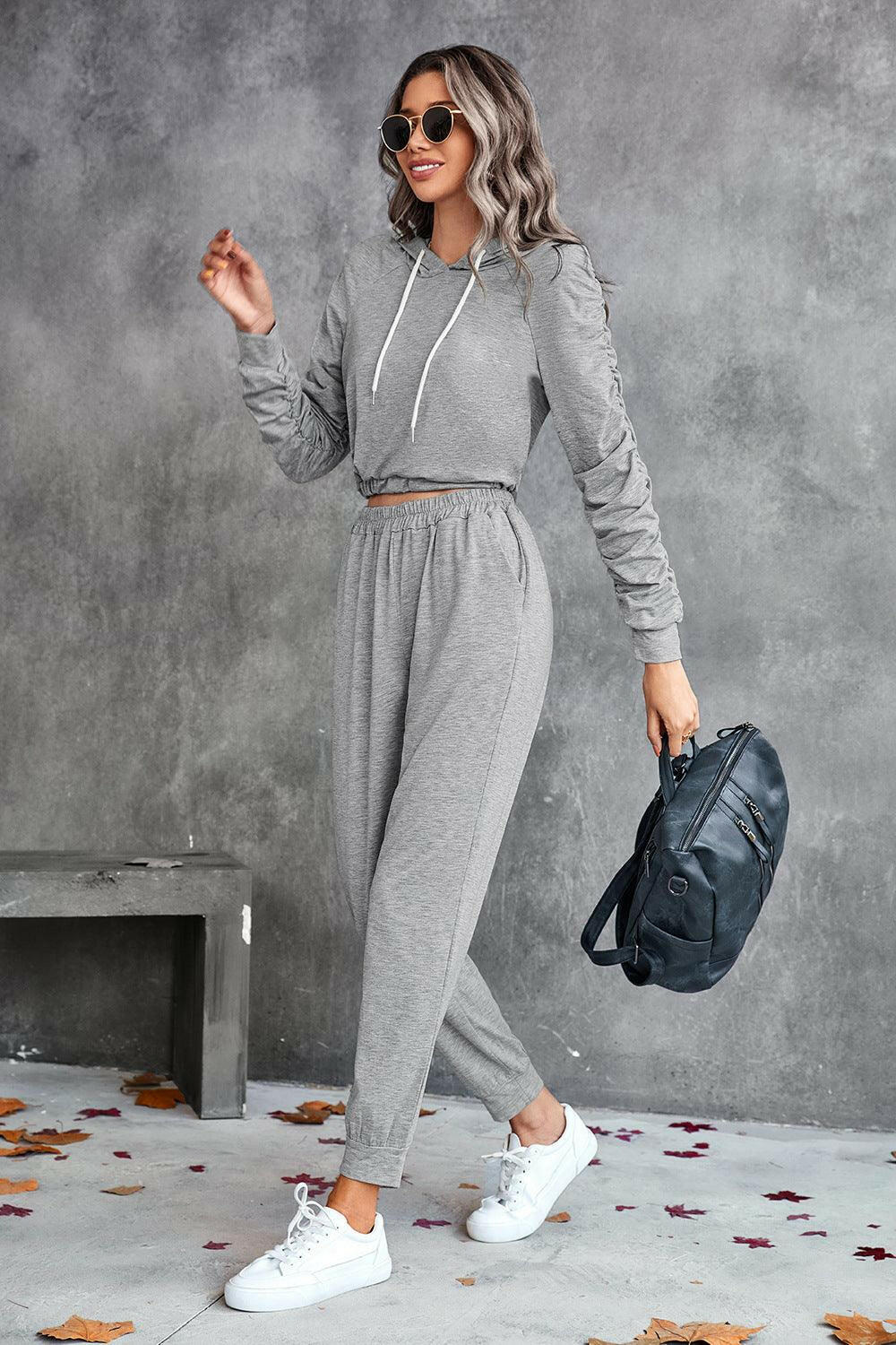 LGC Ruched Raglan Sleeve Hoodie and Joggers Set - Le Grand Chevalier Le Grand Chevalier Trendsi Women Set