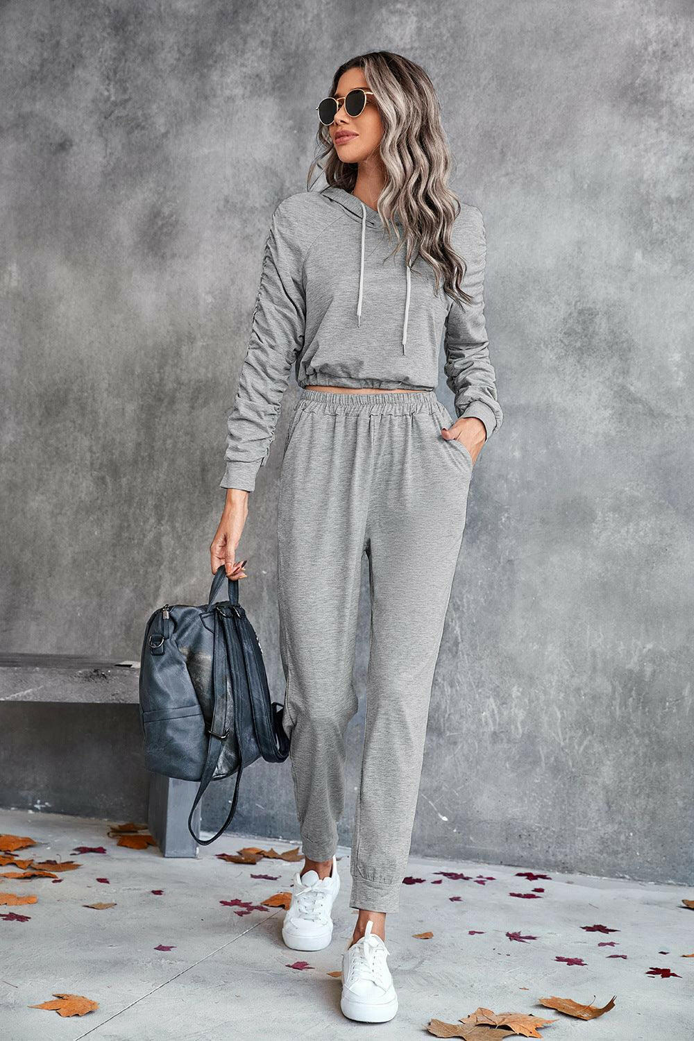 LGC Ruched Raglan Sleeve Hoodie and Joggers Set - Le Grand Chevalier Le Grand Chevalier Gray / S Trendsi Women Set