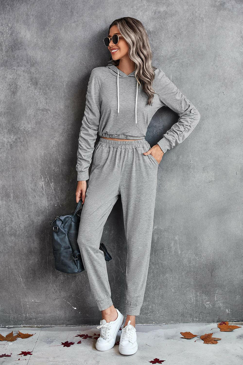 LGC Ruched Raglan Sleeve Hoodie and Joggers Set - Le Grand Chevalier Le Grand Chevalier Trendsi Women Set