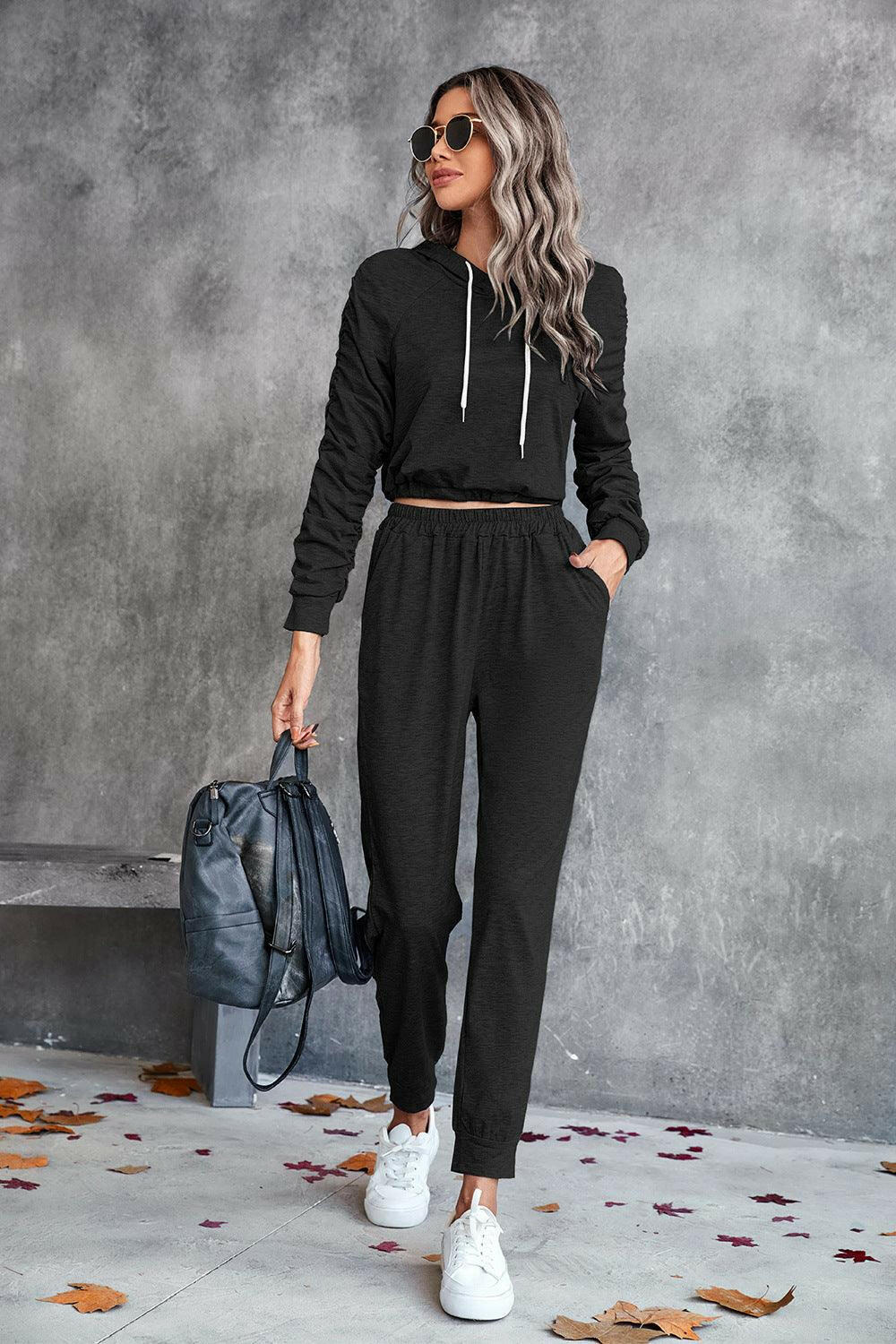 LGC Ruched Raglan Sleeve Hoodie and Joggers Set - Le Grand Chevalier Le Grand Chevalier Trendsi Women Set