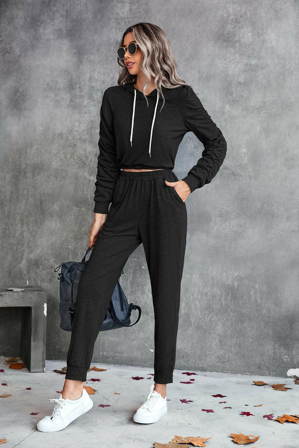 LGC Ruched Raglan Sleeve Hoodie and Joggers Set - Le Grand Chevalier Le Grand Chevalier Trendsi Women Set