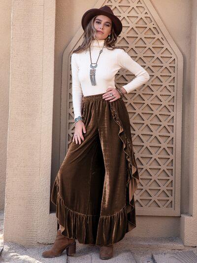 LGC Ruffle Trim Wide Leg Slit Pants - Le Grand Chevalier Le Grand Chevalier Trendsi Women Pants