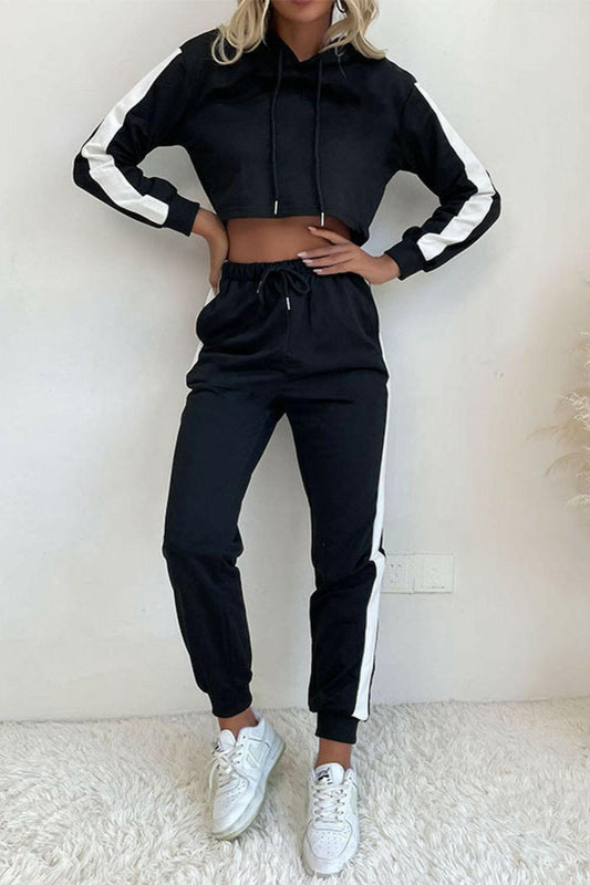 LGC Side Stripe Cropped Hoodie and Jogger Set - Le Grand Chevalier Le Grand Chevalier Black / S Trendsi Women Set