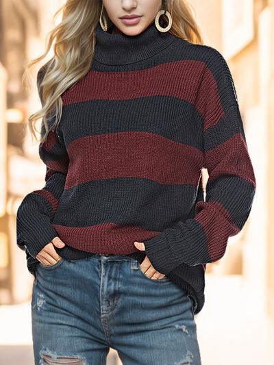 LGC Striped Turtleneck Long Sleeve Sweater - Le Grand Chevalier Le Grand Chevalier Wine / S Trendsi Women sweaters