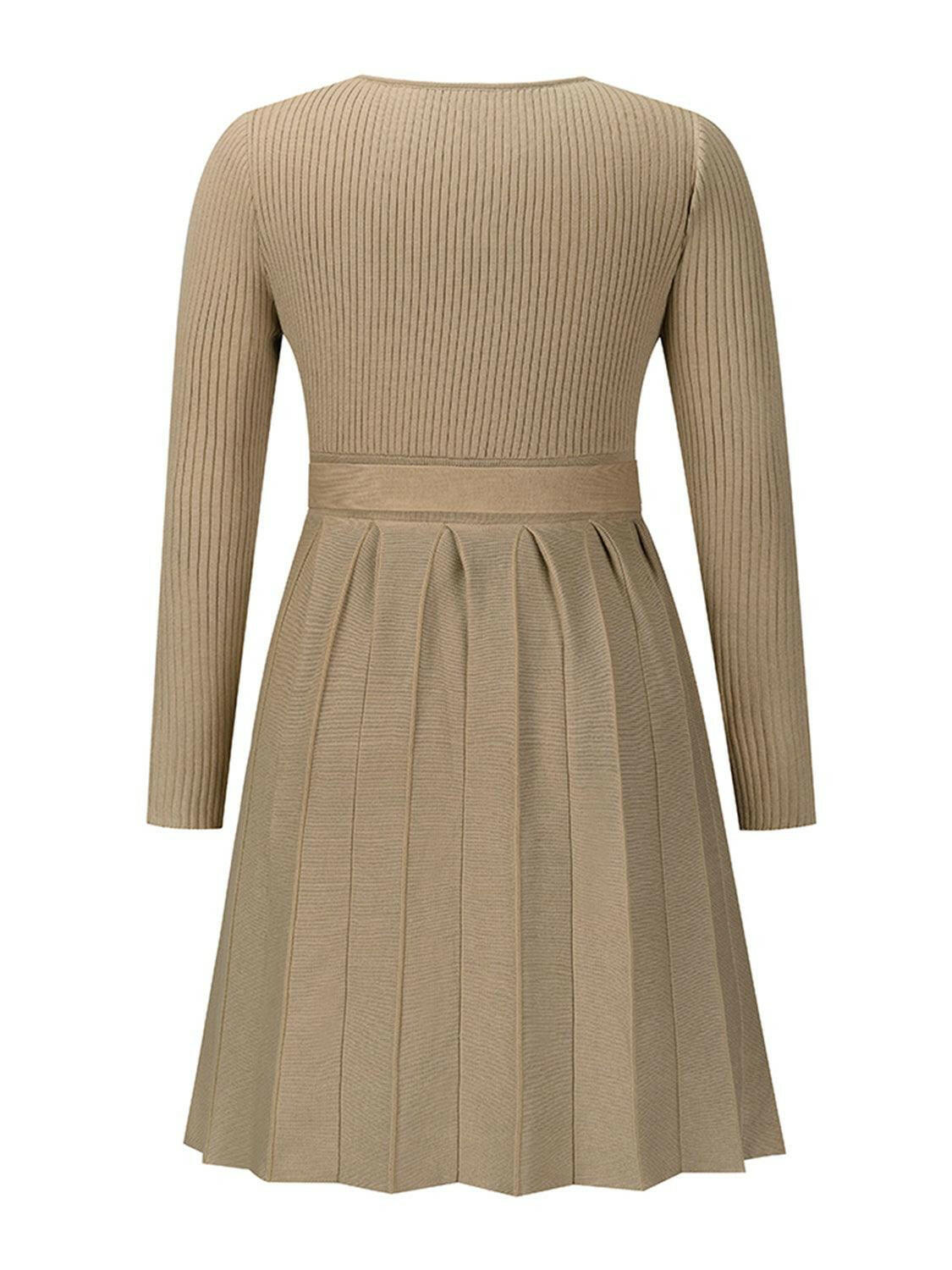 LGC Surplice Neck Tie Front Pleated Sweater Dress - Le Grand Chevalier Le Grand Chevalier Trendsi Dresses