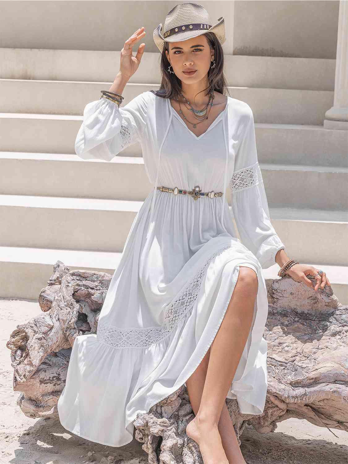 LGC Tie Neck Balloon Sleeve Midi Dress - Le Grand Chevalier Le Grand Chevalier White / S Trendsi Dresses