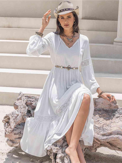 LGC Tie Neck Balloon Sleeve Midi Dress - Le Grand Chevalier Le Grand Chevalier White / S Trendsi Dresses