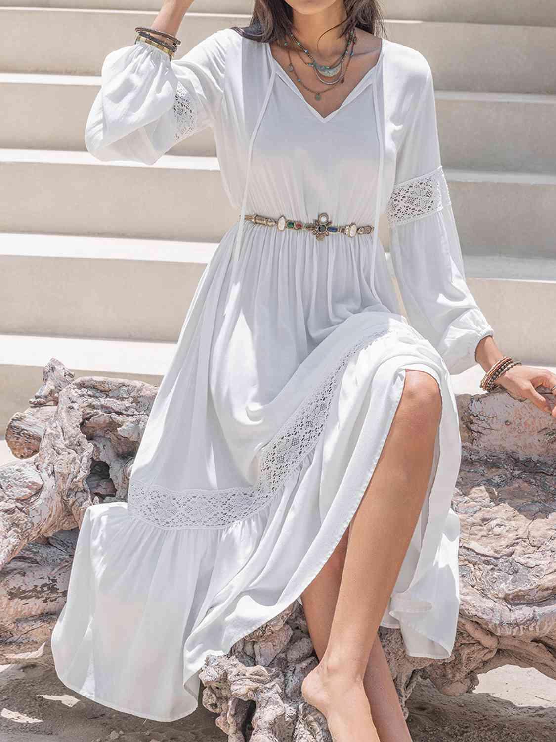 LGC Tie Neck Balloon Sleeve Midi Dress - Le Grand Chevalier Le Grand Chevalier Trendsi Dresses