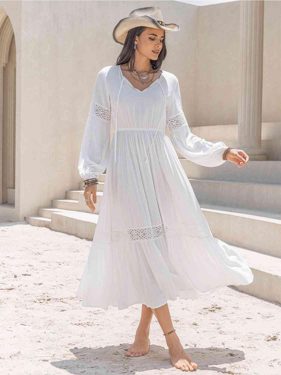 LGC Tie Neck Balloon Sleeve Midi Dress - Le Grand Chevalier Le Grand Chevalier Trendsi Dresses