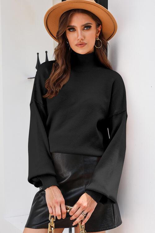 LGC Turtleneck Lantern Sleeve Sweater - Le Grand Chevalier Le Grand Chevalier Black / S Trendsi Women sweaters