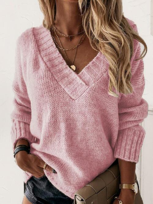 LGC V-Neck Long Sleeve Knit Top - Le Grand Chevalier Le Grand Chevalier Dusty Pink / S Trendsi Women sweaters