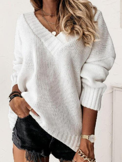 LGC V-Neck Long Sleeve Knit Top - Le Grand Chevalier Le Grand Chevalier White / S Trendsi Women sweaters