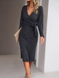 LGC V-Neck Long-Sleeve Knitted Tie Dress - Le Grand Chevalier Le Grand Chevalier Charcoal grey / S kakaclo Dresses